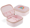 Open pink jewellery box with embroidered rainbow design, ring rolls and storage compartments.