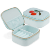 Open light blue jewellery box with embroidered cherry design, ring rolls and storage compartments.