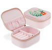 Open pink jewellery box with embroidered floral design, ring rolls and storage compartments.