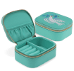 Open jewellery box with embroidered dove design, ring rolls and storage compartments.