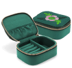 Open jewellery box with embroidered floral design, ring rolls and storage compartments.