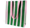 Shopping bag with bold green and pink vertical stripes and matching pink carry handles.