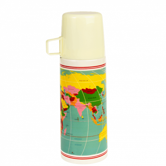 Small white stainless steel flask with cream plastic cup featuring vintage style print of world map