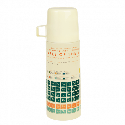 Small cream stainless steel flask with cream plastic cup featuring print of periodic table of elements