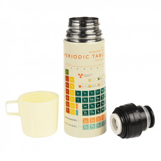 Periodic table flask with cup removed and lid unscrewed