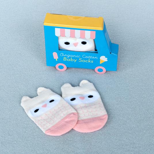 Pair of grey and pink baby socks featuring owl face