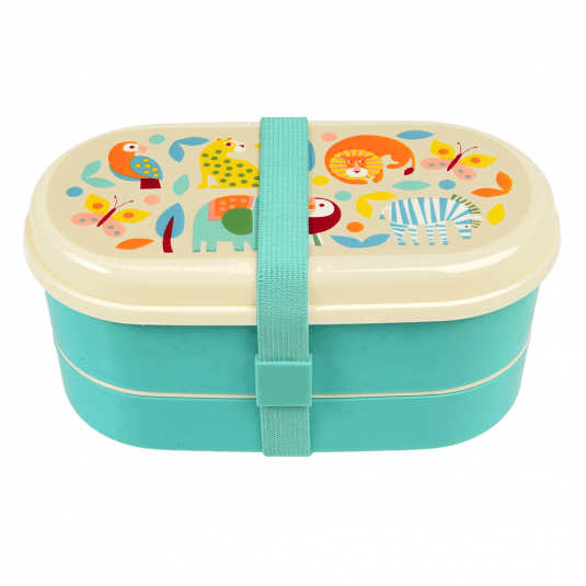 Turquoise kids bento box with cream lid and middle tray plus turquoise elastic strap featuring colourful illustrations of wild animals
