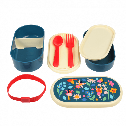 Bento box parts: base section with divider, tray with fork and spoon, middle tray, upper section, elastic strap and lid