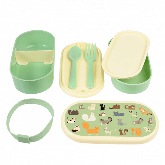 Bento box parts: base section with divider, tray with fork and spoon, middle tray, upper section, elastic strap and lid