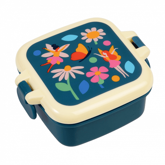 Dark blue snack pot with cream and dark blue lid featuring illustrations of fairies amongst flowers