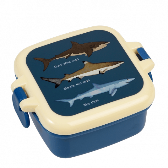 Dark blue snack pot with cream and dark blue lid featuring images of sharks