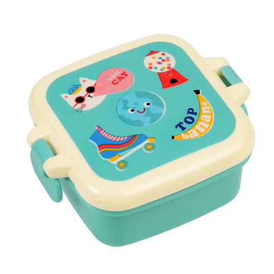 Turquoise snack pot with cream and turquoise lid featuring retro style top banana print
