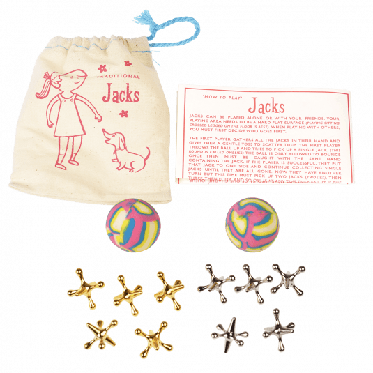 Traditional Jacks game contents five gold and five silver metal jacks, two swirly bouncy balls, instruction sheet, cotton bag