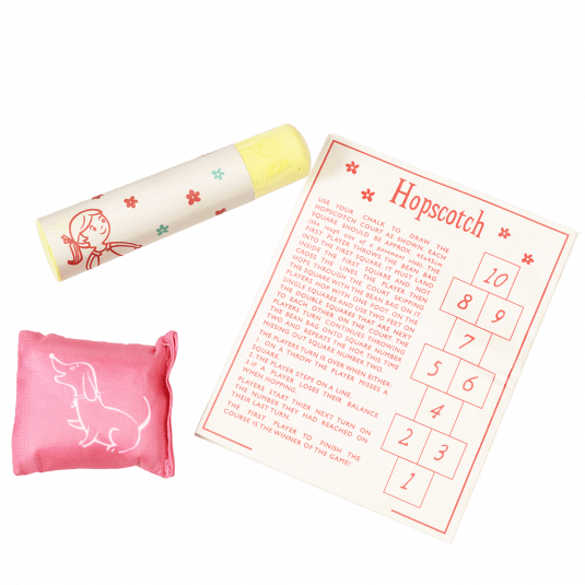 Hopscotch game contents playground chalk, bean bag, instruction sheet