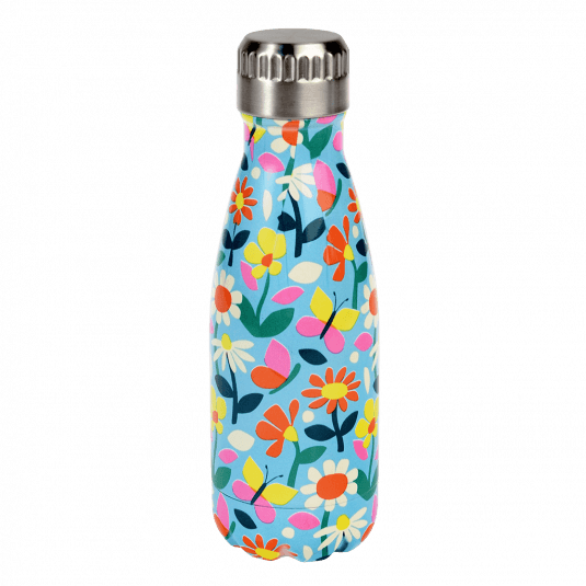 Small light blue stainless steel water bottle with silver lid featuring butterflies amongst flowers