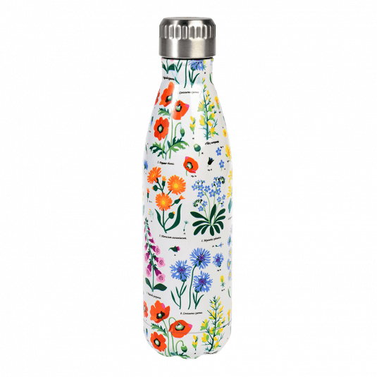 Medium size white stainless steel water bottle with silver lid featuring wild flower pattern