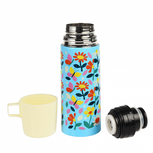 Butterfly garden flask with cup removed and lid unscrewed