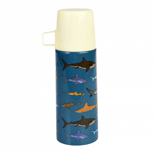 Small dark blue stainless steel flask with cream plastic cup featuring pictures of sharks