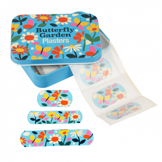 open butterfly garden plasters tin with plasters on display