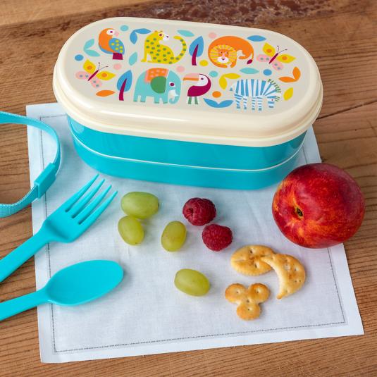 Turquoise plastic bento box with cream lid and middle tray featuring colourful illustrations of wild animals