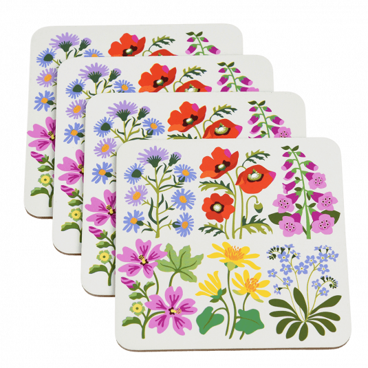 Four white wood and cork coasters featuring wild flower pattern