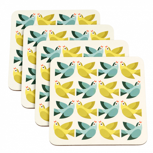 Four cream wood and cork coasters featuring bird pattern
