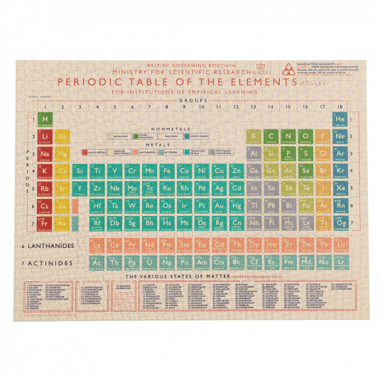 Completed 1000 piece jigsaw puzzle with print of periodic table of elements