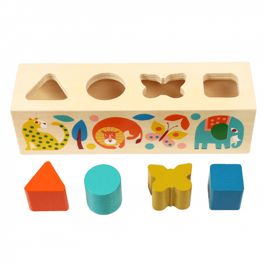 Wooden shape sorter toy with images of cheetah lion butterfly elephant