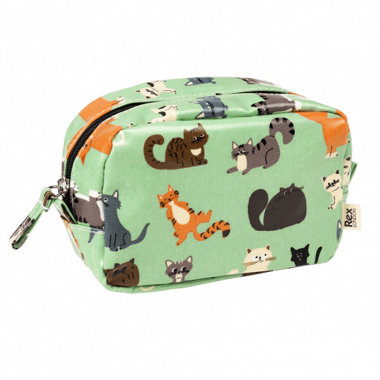 Light green oilcloth makeup bag with illustrations of cats