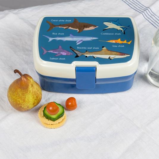 Dark blue plastic lunch box with cream and dark blue lid featuring pictures of sharks