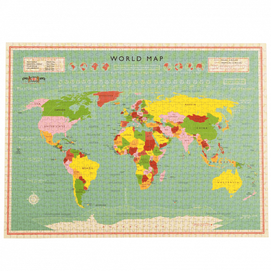 Completed 1000 piece jigsaw puzzle with print of world map