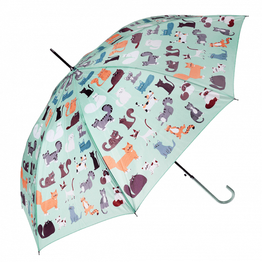 Light green umbrella with illustrations of cats open