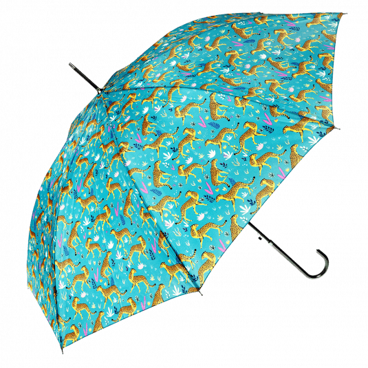 Turquoise umbrella with print of cheetahs open