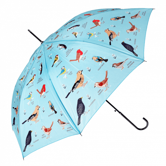 Light blue umbrella with print of garden birds open