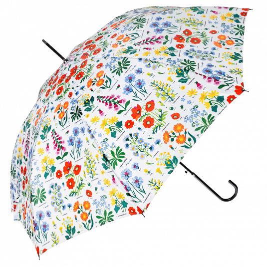 White umbrella with wild floral print open