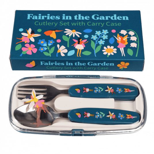 Stainless steel fork and spoon with dark blue plastic handles featuring print of fairies and flowers in plastic carry case