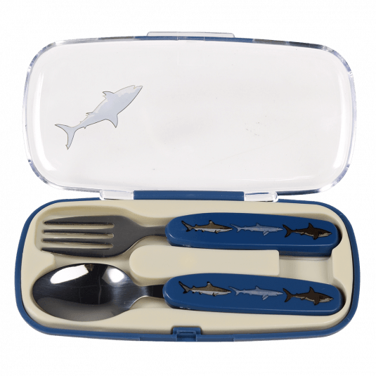 Sharks cutlery set in carry case with lid open