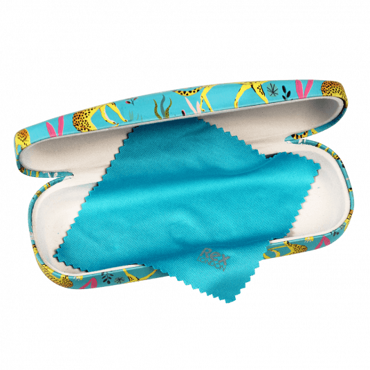 Cheetah glasses case open with included cleaning cloth in blue