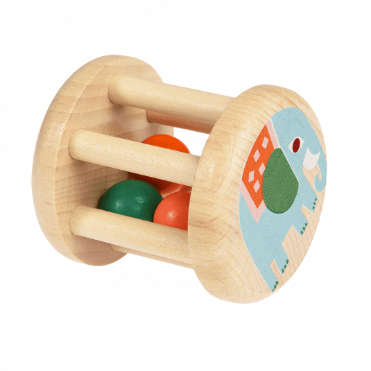 Wooden baby rattle on side with elephant showing