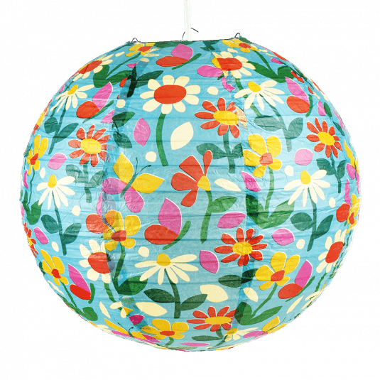 Paper lampshade with illustrations of butterflies among flowers fully assembled and hung from light fitting