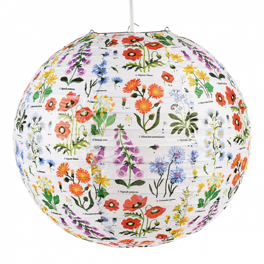 Paper lampshade with illustrations of wild flowers fully assembled and hanging from light fitting
