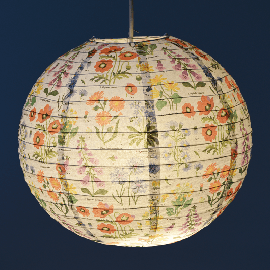 Paper lampshade with illustrations of wild flowers hung with light on shining through