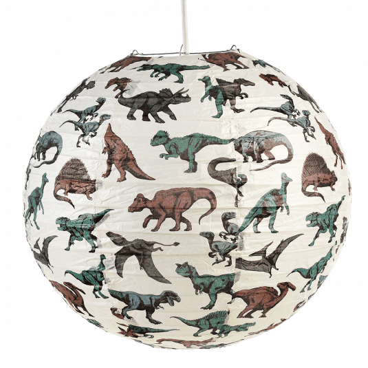 Paper lampshade with illustrations of dinosaurs fully assembled and hung from light fitting