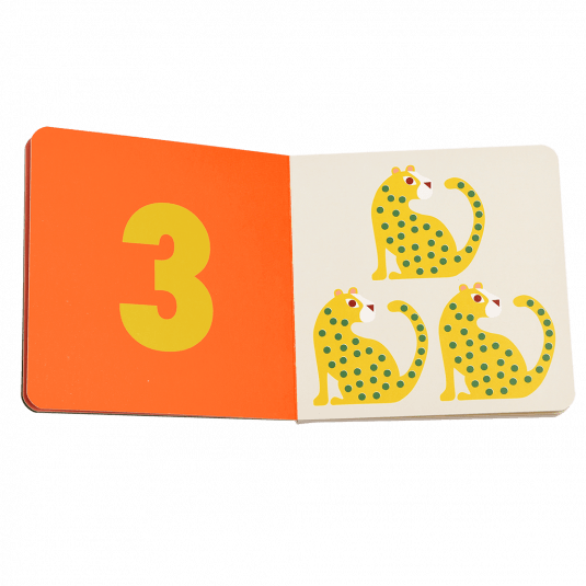 First book of numbers pages with number 3 and graphics of cheetahs
