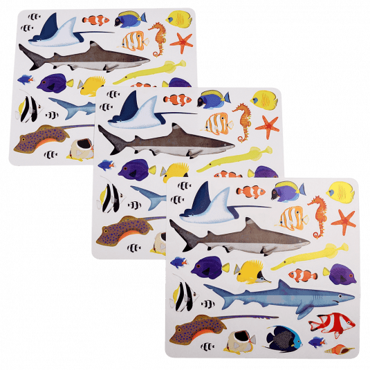 3 sheets with stickers of ocean creatures: sharks, rays, fish, etc.