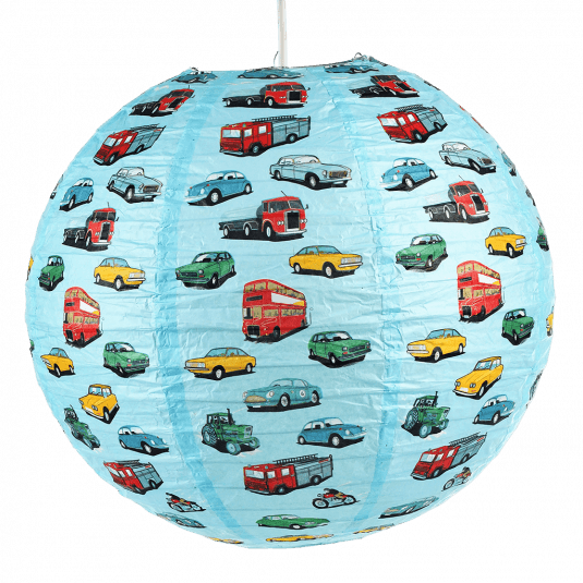Paper lampshade with vintage style illustrations of classic cars vehicles fully assembled and hung from light fitting