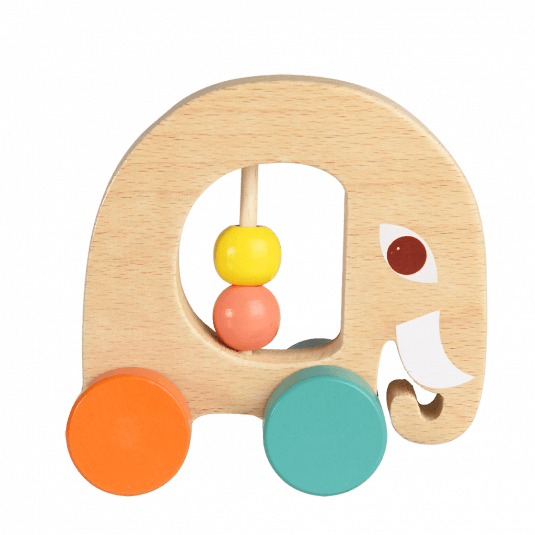 Multi-coloured wooden push along toy in shape of elephant with four wheels and two movable beads