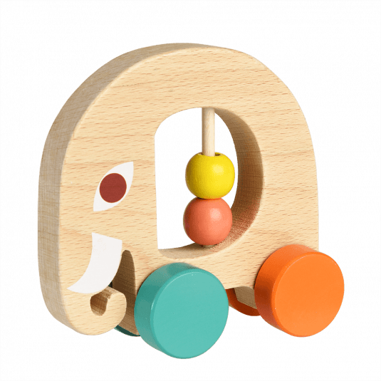 Multi-coloured wooden push along toy in shape of elephant with four wheels and two movable beads
