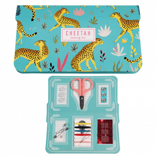 Sewing kit with card sleeve in turquoise and with cheetah print closed and open