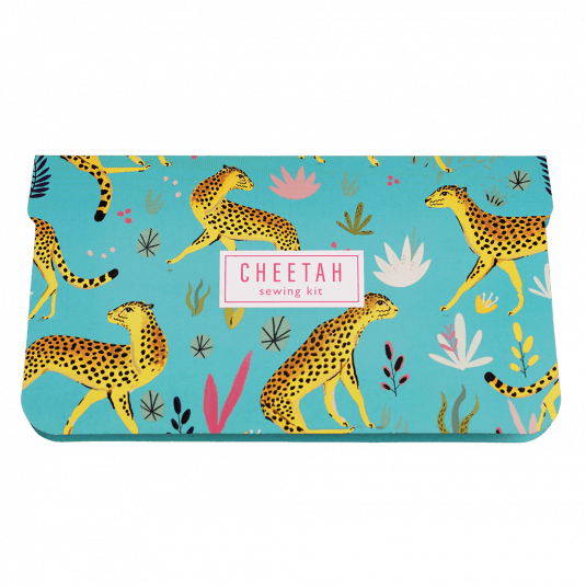 Sewing kit card sleeve in turquoise with cheetah print